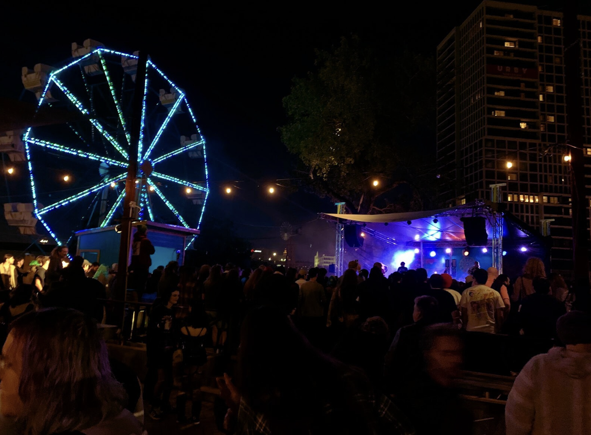 A view of the stage and the lit up ferris wheel that Sean Kelly climbed onto mid-concert. 